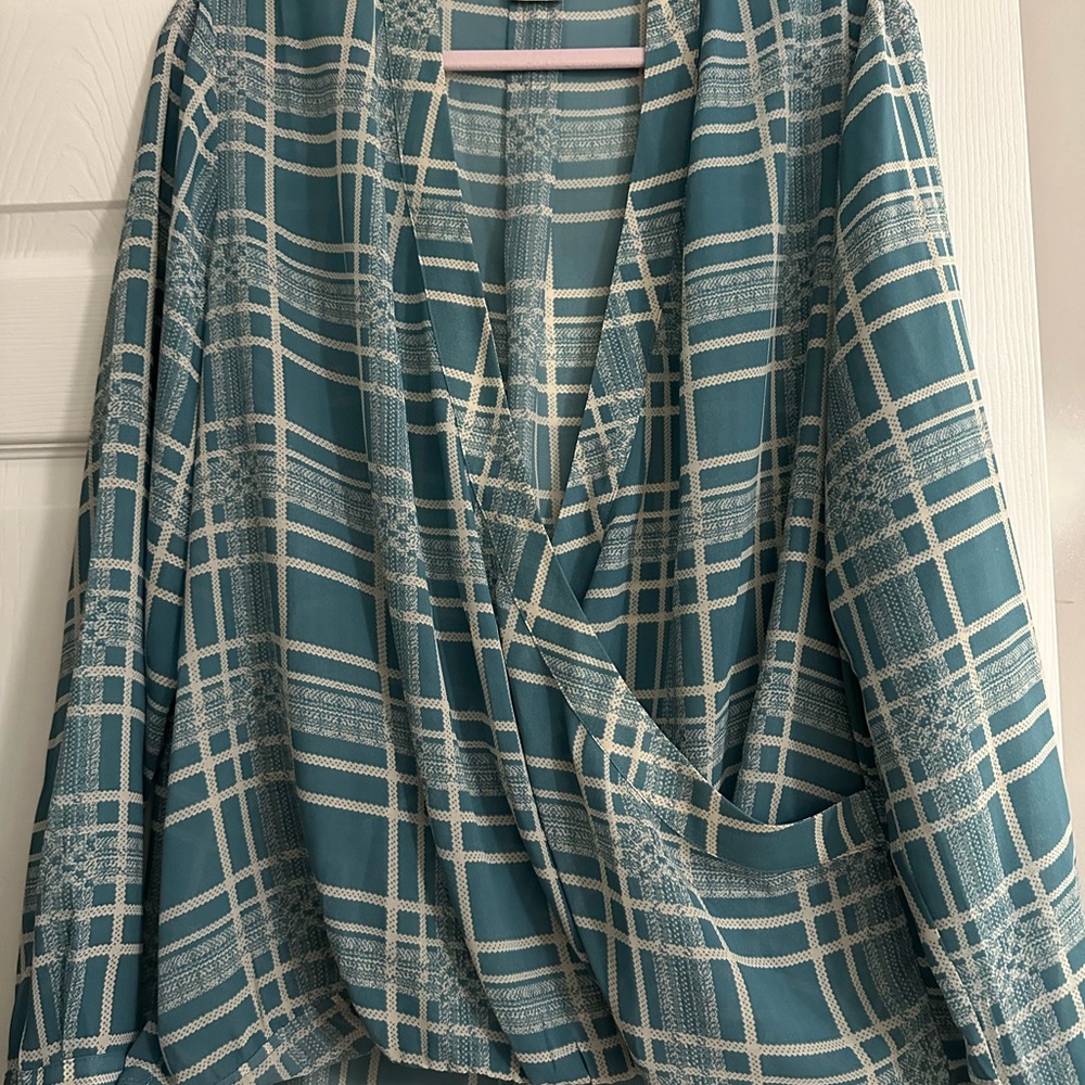 CAbi Turquoise and Cream Checkered Top